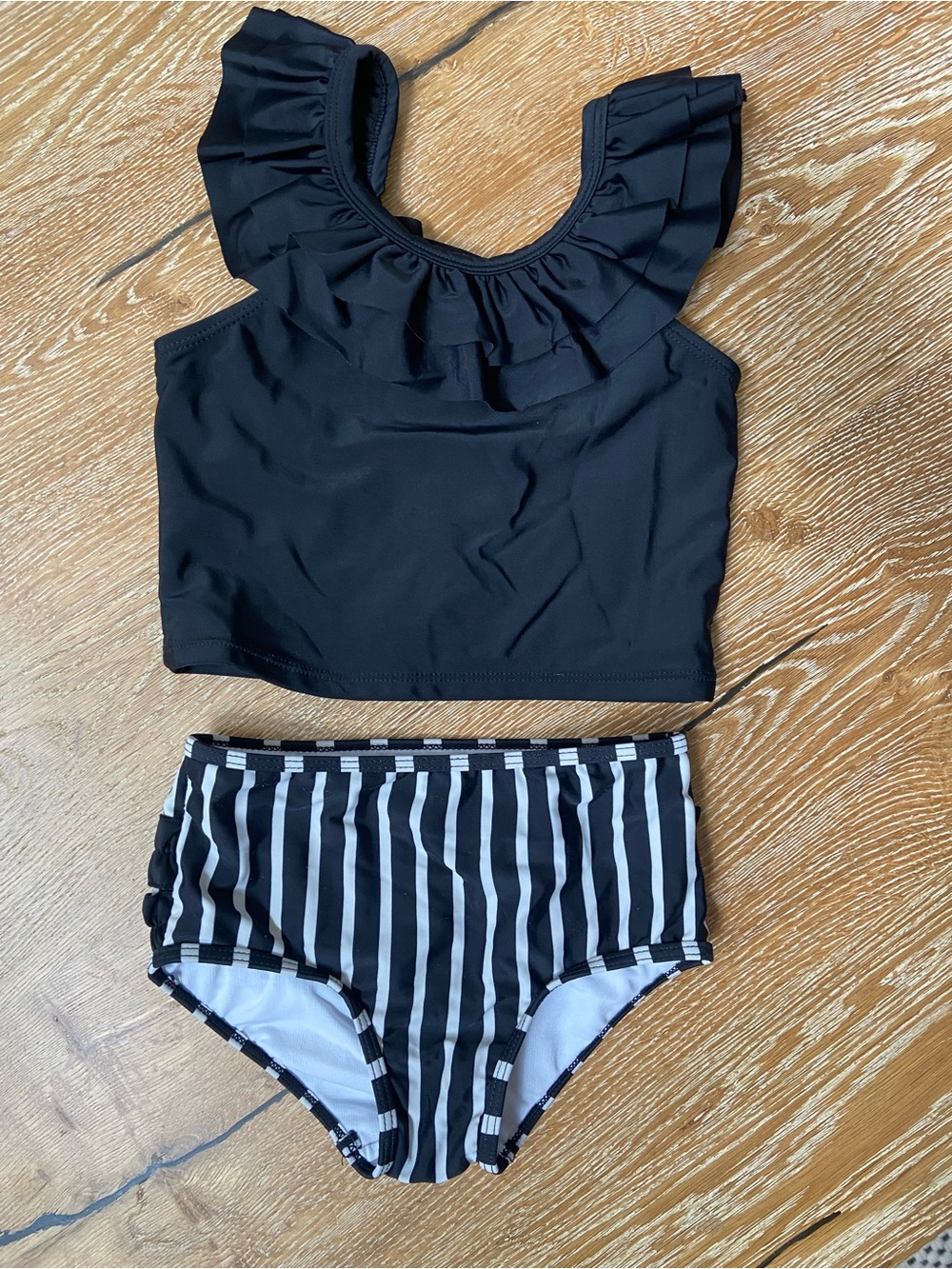Ruffle Butts Black Ruffle Tankini with Black & White Striped Bottoms